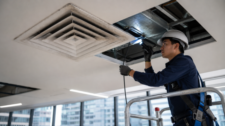 ช่างใช้กล้องตรวจภายในตรวจช่องลมและท่อเหนือฝ้าใกล้ diffuser ที่มีฝุ่น