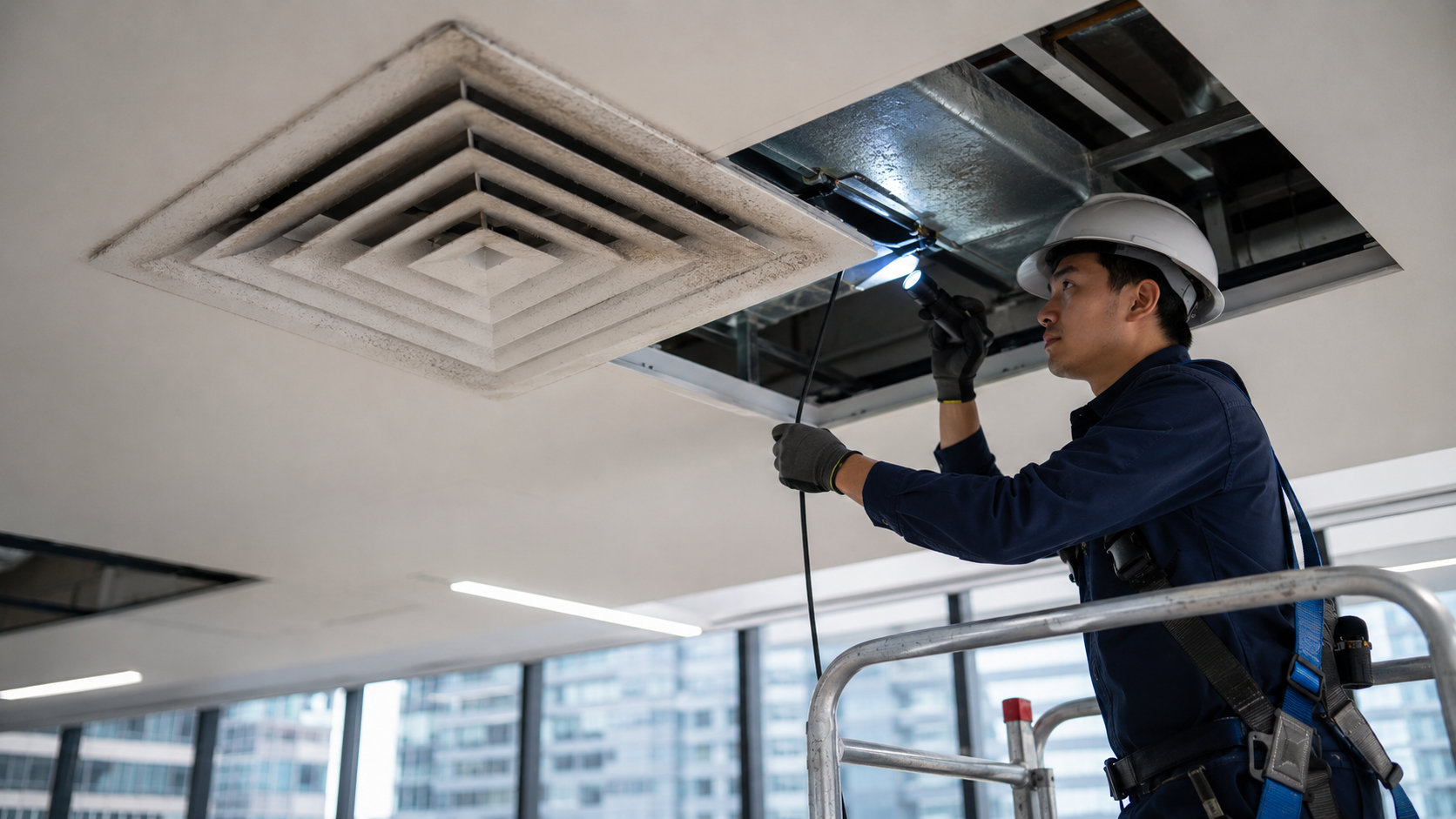 ช่างใช้กล้องตรวจภายในตรวจช่องลมและท่อเหนือฝ้าใกล้ diffuser ที่มีฝุ่น