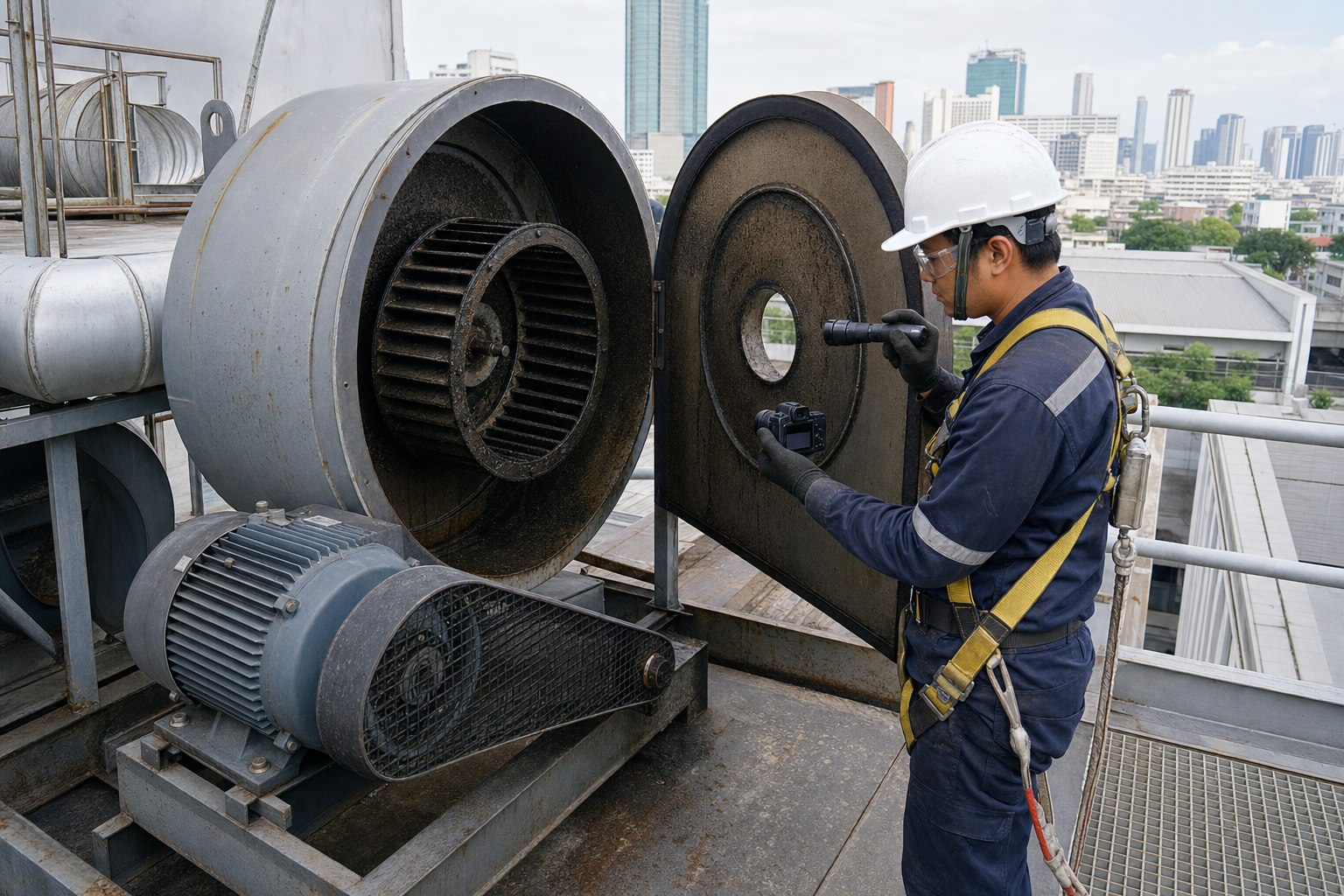 ช่างตรวจสภาพใบพัด โครงพัดลม มอเตอร์ และชุดสายพานของ Blower ระบบดูดควันครัว